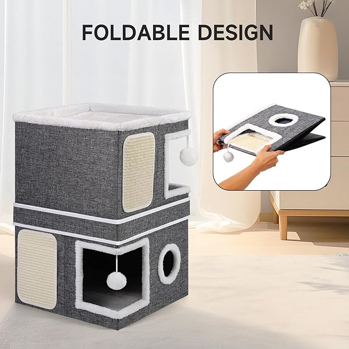 2-Storey Cat House for Indoor Cats, Separate Into 2 Large Cat Bed Cave with Hideaway Condos, Scratch Pads, Hanging Balls, Foldable Indoor Cat House Hold Up to 30LBS, Cat Cube for Multiple Cats Kitten