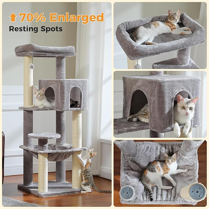 Large Cat Tree with Reinforced Scratching Posts (φ3.7in) for Big Adult Cats 30 lbs, 57.8" Heavy Duty Cat Tower with Larger Hammock and Condo, Cat Furniture for Maine Coon, Plush,Grey