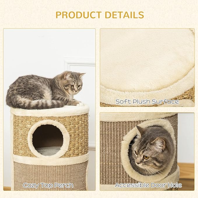 PawHut 28 Inch Cat Condo, 3 Story Cat Hideaway with Sisal Scratching Pad, Barrel Shaped Small Cat Tree for Indoor Cats, Khaki and Brown