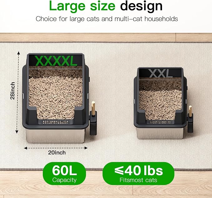 Stainless Steel Litter Box with lid, XXXXL Extra Large, High-Sided Metal Litter Box for Big Cats & Multiple Cats, Non-Stick, Leak-Proof, Dark Gray