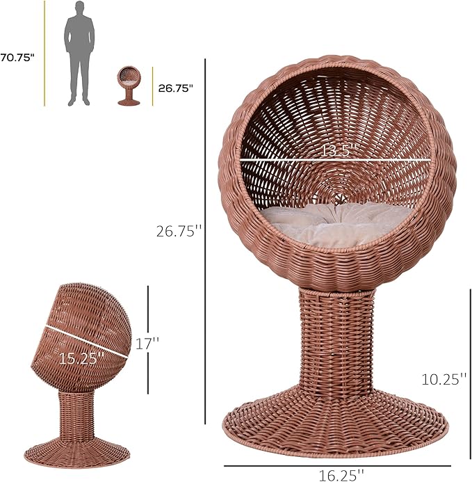PawHut Elevated Cat Bed with Rotatable Egg Chair Pod, Cat Basket Bed with Thick Cushion, Natural Mat Grass Woven Kitty House, Brown