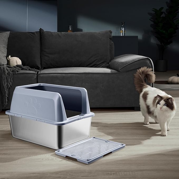8" Deep 15.75" High Wall Sides Stainless Steel Cat Litter Box with Lid Extra Large Litter Box for Big Cats Deep Leak Proof Litter Pan, Easy Clean, Non Stick, No Odor, with Mat and Litter Scoop