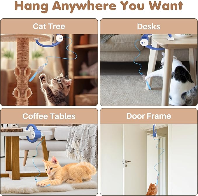 Interactive Cat Toys Rechargeable, Feather Toy for Indoor Cat, Hanging Retractable Teaser Toy, Automatic Kitten Play Chase Exercise Toys with Three Plush Mouse, USB Powered (Blue)