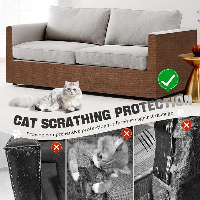 Cat Scratch Couch Furniture Protector, Adhesive Cat Scratch Pad Deterrent for Furniture, DIY Climbing Cat Scratcher Couch Protector from Cat Claws Scratching Mat for Indoor Sofa (Brown,118x15.8In)