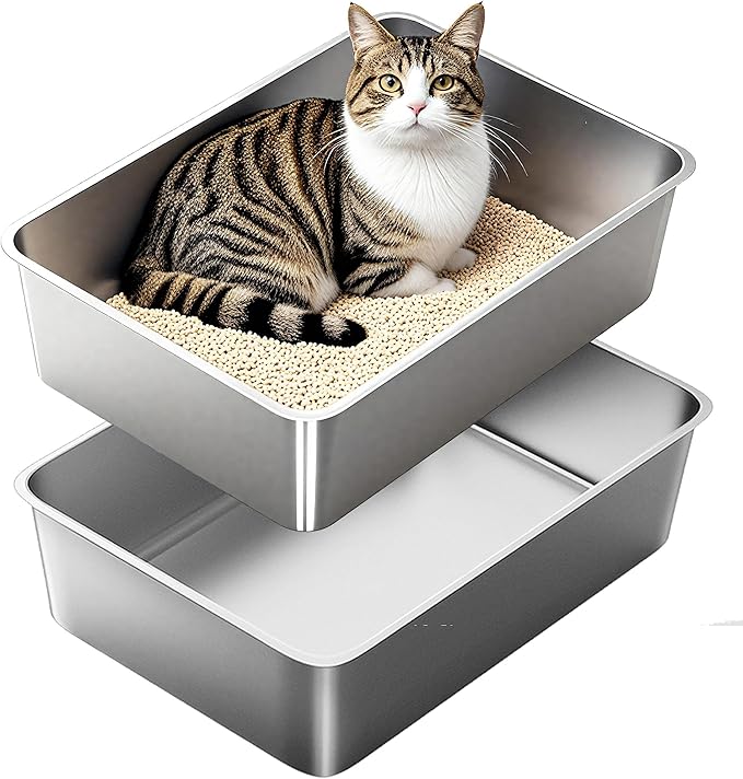 Stainless Steel Cat Litter Box, Medium Metal Litterbox, 2-Pack Stainless Steel Litter Tray Pan for Medium Cats, 19.7" Lx13.8 W x5.9 H, No Odour Absorption,Easy to Clean, Rustproof, Leakproof