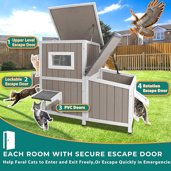 Cat Houses for Outdoor Cats Outside Feral Cat Shelter Weatherproof Wooden Cat Houses for 2-3 Cats with 3 Rooms 3 Escape Doors 2 Openable Asphalt Roofs