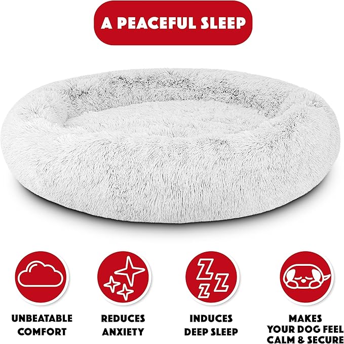 The Dog’s Bed Sound Sleep Donut Dog Bed, XXL Ice White Fur Calming Nest Bed Removable Cover, Veterinary Approved