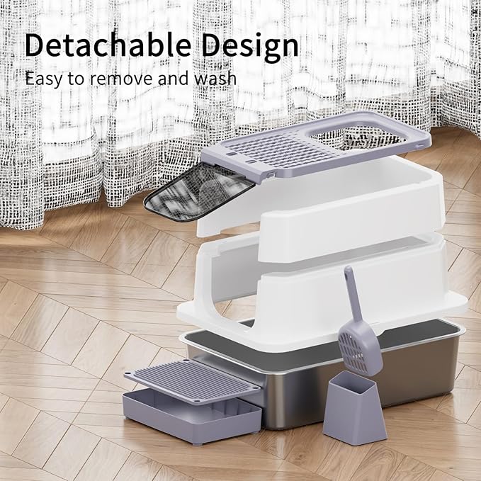 RIZZARI Stainless Steel Cat Litter Box, Odorless Enclosed Litter Box with Top Holes, Large Litter Pan for Small to Large Sized Cats (Light Gray, 23.8" L*15.9" W*16.1" H)