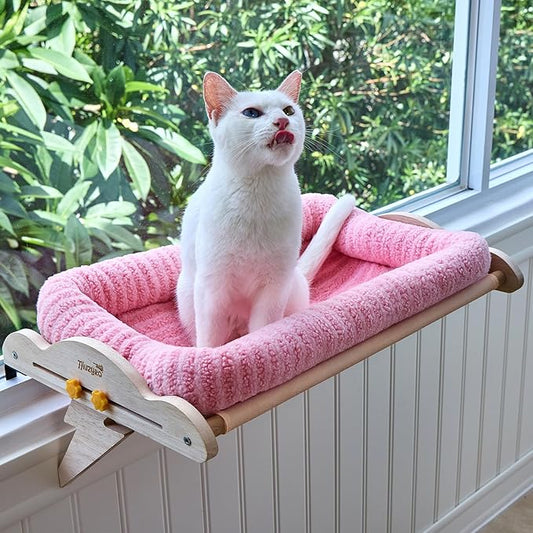 Large Hanging Cat Window Perch & Seat - Sturdy Solid Wood Frame, Easy to Adjust Hammock Bed with Padded Enclosure | for Windowsill & Shelf | Beds for Inside Cats, Indoor Cats & Small Dogs