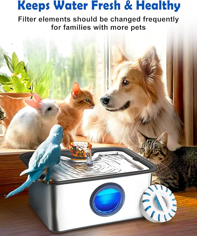 3Gal Large Ultra-Purification Dog Water Fountain SS304,Dog Cat Drinking Bowl Dispenser with Visual Window,Widely Drinking Area,Deep Purification Filter,Triple Waterfall Structures,Low Water Indicator