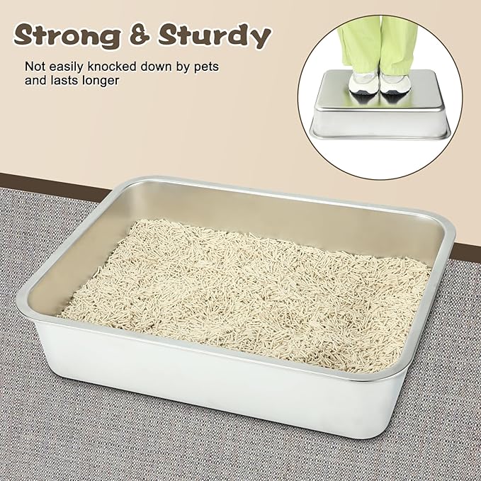 Rypet 2 Packs Stainless Steel Litter Box Metal Litter Box for Cats High Back Litter Boxes Non-Stick Cat Poop Box,Easy to Clean(17.7"*13.8"*3.9")