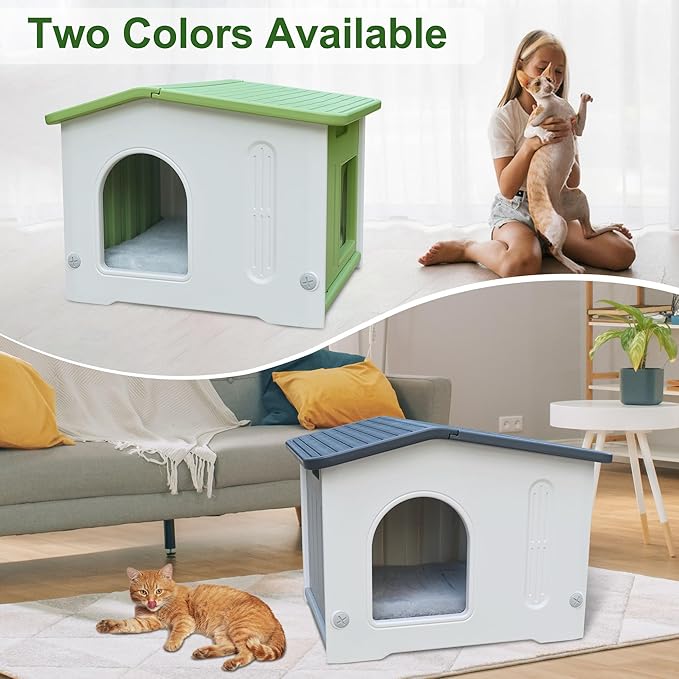 Rockever Plastic Outdoor Cat House with Escape Door, Waterproof Cat Shelters for Feral Cats Indoor Cat House with Mat, Sturdy Cat House for Outdoor Cats, Assemble Easily-Green
