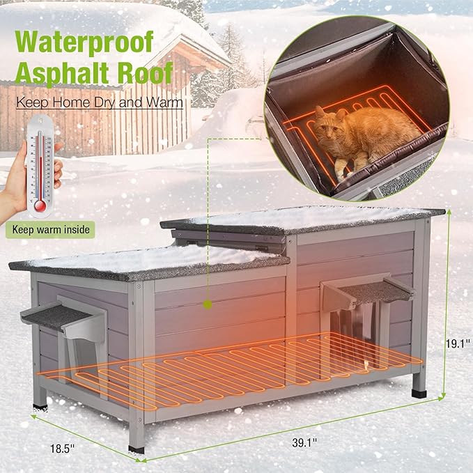 Gutinneen Heated Cat House Outdoor Feral Kitty Shelter with Insulated & Heated Liner Weatherproof Roof Cat Home for Winter,Roomly