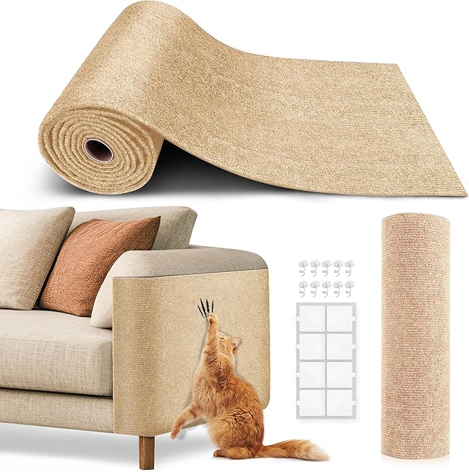 Cat Scratch Furniture Protector, Trimmable Self-Adhesive Carpet, DIY Climb Cat Scratcher Mat for Covering Cat Tower and Couch Protector from Cat Claws (78.7x15.8in Beige)