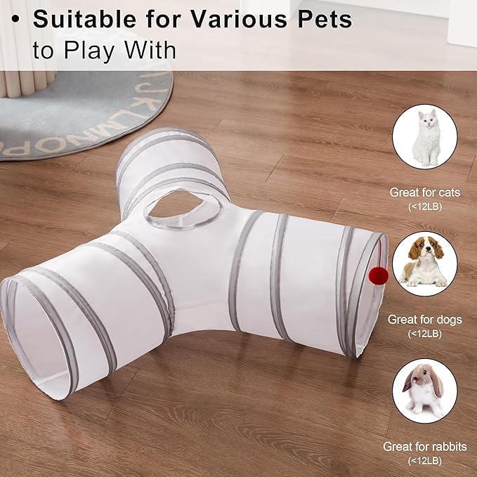 Love's cabin Cat Tunnel Tube Toys 3 Way Collapsible, Cat Tunnels for Indoor Cats,Kitten Tunnel Bored Pet Play Tunnel with Peek Hole Toy Ball for Kitty, Kitten, Rabbit, Light Gray&Gray