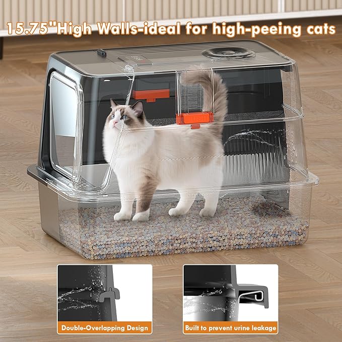 Smart Odor Control Stainless Steel Litter Box,160° Flip-Top Extra Large Cat Litter Box,Safety Protection,for Big Cats&Multiple Cats,with cat Litter Spoon and footrest,Anti-Leakage, Non-Sticky