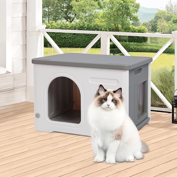 Rockever Plastic Cat House Outdoor with Escape Door, Waterproof Feral Cat House Outdoor Indoor, Sturdy Cat House for Outdoor Cats, Assemble Easily-Grey