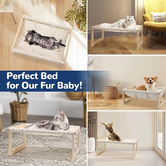 Cat Bed with Washable Pad - 9.5" Elevated Wooden Cat Hammock Bed, 360° View Design, Cot with Breathable Summer Mattress for Kitty, Puppy, Rabbit and All Pets