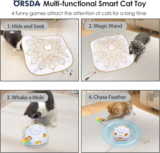 ORSDA Cat Toys for Indoor Cats, 4 in 1 Interactive Automatic Kitten Toys Hide and Seek with Mat, 8 Holes Mice Whack-A-Mole, Moving Wand Teaser Feathers,Rechargeable Electric Exercise Kicker Kitty Toy