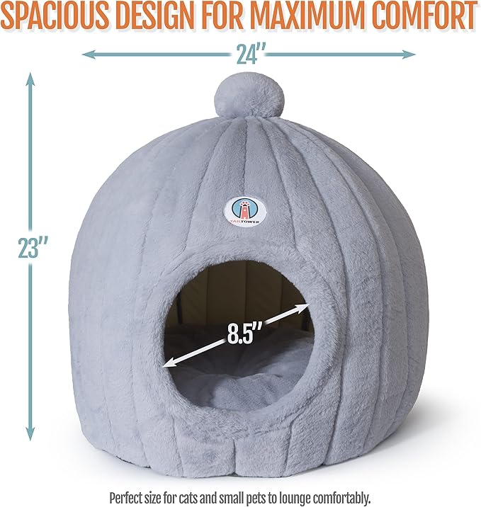 Extra Large Cat Cave Bed for Large Cats & Small Dogs β Plush Dome Hideaway with Removable Cushion β Spacious, Enclosed Cat House (24x23β, Light Gray)