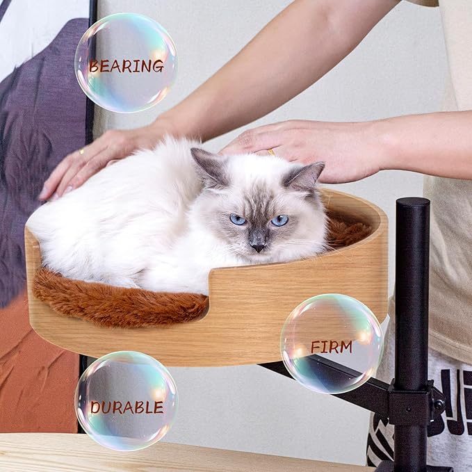 Cat Bed Desk with Pet Mat, Cat Hammock for Desk, Cat Bed Desk with Wooden Bowl, 360° Rotation and Adjustable Height, Brown