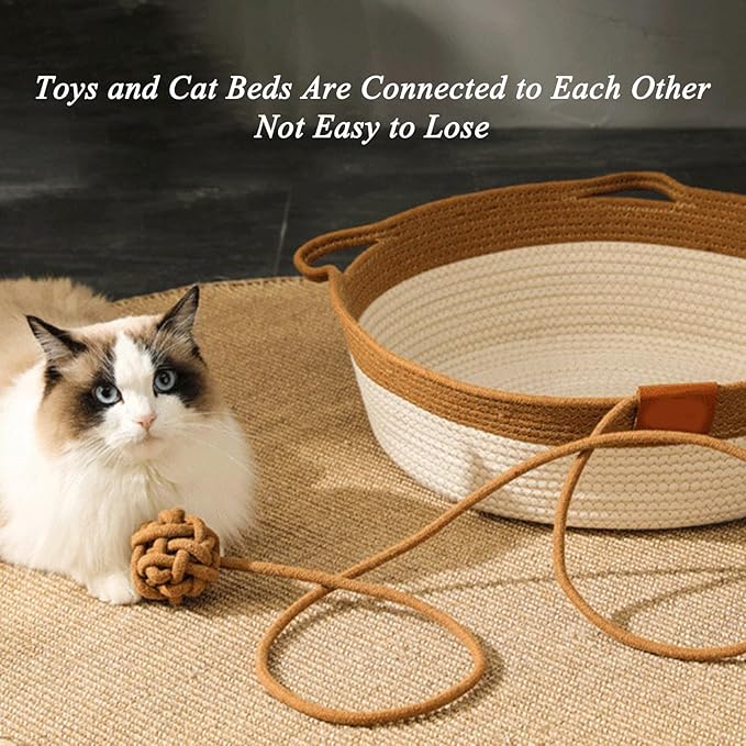 Stimulicat Cat Bed, Stimulicat Handwoven Cat Basket, Foldable Round Cotton Rope Cats Beds with Toy Tail and Built-in Scratching Pad, Scratch Resistance Easy to Clean (Green+Cushion, Small)