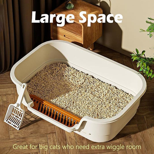 Extea Large Cat Litter Box with High Sides,Cat Boxes for Indoor Cats,Cat Litter Pan for Kitty,Litter Box with Low Entry,Easy to Clean,Anti-Splashing,23.6" x15.7" x6.2" (Grey)