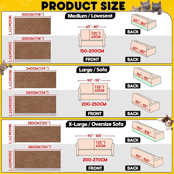 Loiion Cat Scratch Furniture Protector - Anti-Slip, Waterproof Sofa Cover to Keep Cats Off, Pet-Friendly Couch Protectors for 3 Cushion Couch, Anti-Scratch Couch Cover for Pets and Kids 150"X91"Brown