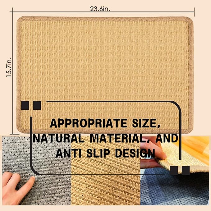 Cat Scratch Mat,23.6 X 15.7 Inch, Natural Sisal Cat Scratching Mat with Jute Border,Protect Sofas, Carpets,Floor, and cat Paws,Beige