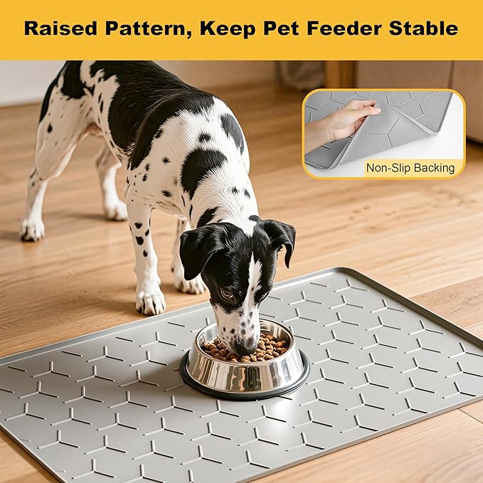 Pieviev Dog Cat Food Bowl Mat, Silicone Waterproof Food Grade Pet Food Mat for Floor, High Raised Edge to Prevent Spills, Non-Slip & Easy Clean Pet Placemat for Dog & Cat Bowls, 34''x22'', Light Gray