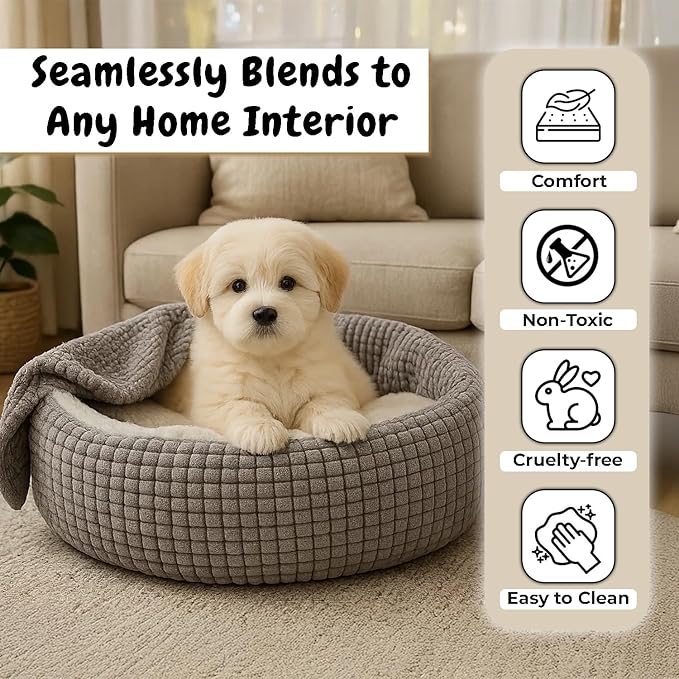 Soft Pet Bed for Small Dogs with Attached Blanket Cozy Donut Cuddler Anti-Anxiety Hooded Calming Orthopedic Round Puppy Washable Beds for Dogs and Cats (23" L x 23" W x 6" H)