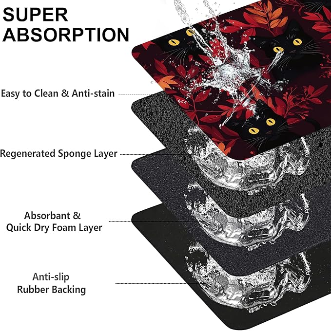 Black Cat Forest Pet Feeding Mat-Quick Dry Absorbent Dog Cat Food Mat, Anti-Slip Water Bowl Mats for Messy Eaters-No Stains Indoor Pet Accessories 12"x20"