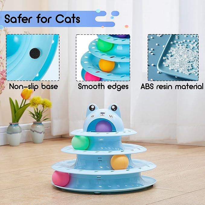 Gefryco 26pcs Cat Toys Roller 4-Level Turntable for Indoor Cats, Self Play Cat Toy Track with Colorful Balls Interactive Kitten Puzzle Toys, Fun Kitty Exercise Toys Set(Blue)