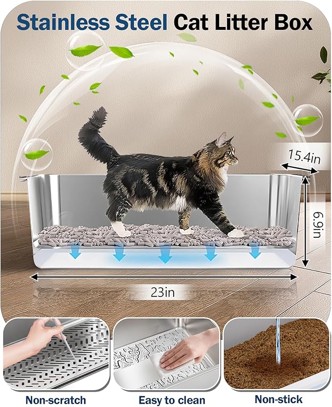 Stainless Steel Sifting Litter Box with Lid, Metal Litter Pan with Scoop for Big Cats Multi Cat, Extra Large Cats Litterbox Odor Control Easy Clean (24 * 16 * 12inch-Side Entry, X-Large)