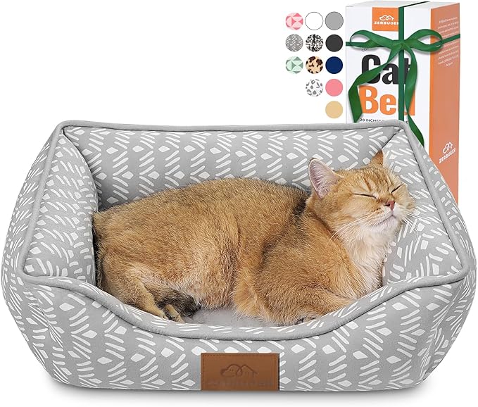 Rectangle Cat Dog Bed for Large Medium Small Pets Indoor Outdoor Machine Washable Sleeping Sofa Non-Slip Bottom Soft Puppy Bed Durable Orthopedic Calming Pet Cuddler (Small, Grey Pattern)