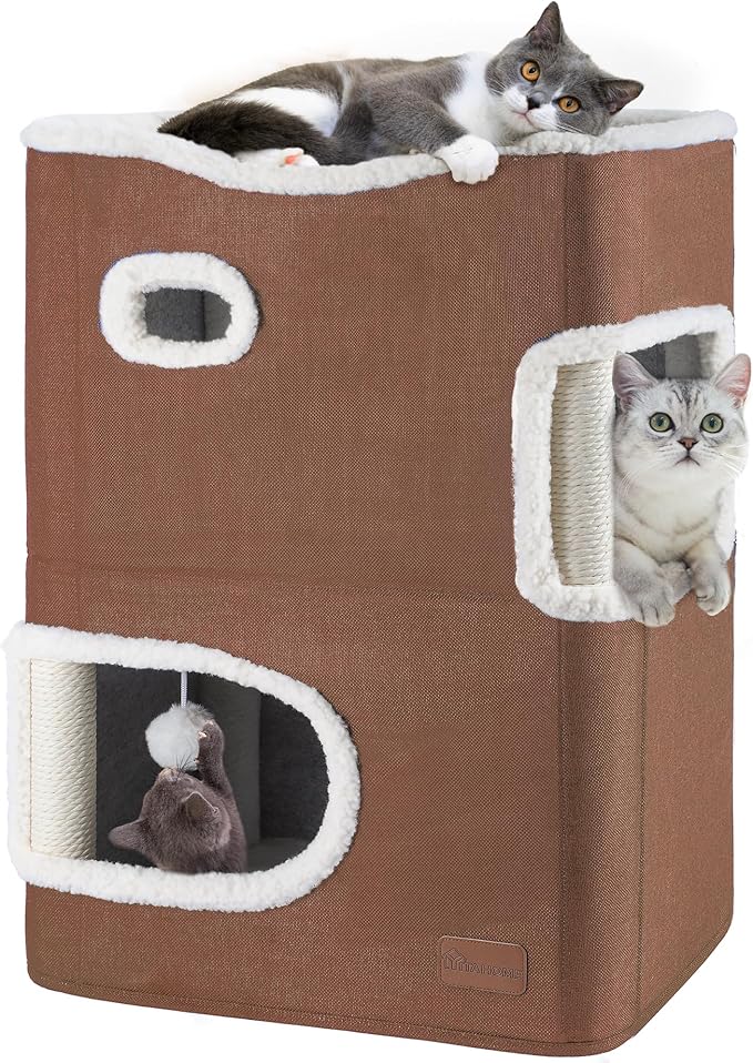YITAHOME 2-Tier Cat House, Indoor Cat Cave Bed Playhouse, Flannel & Cool Mat, Covered Cat Beds with Scratch Pad and Hideaway Cave, Cute Modern Cat Condo Furniture for Multi Small Cats, Brown