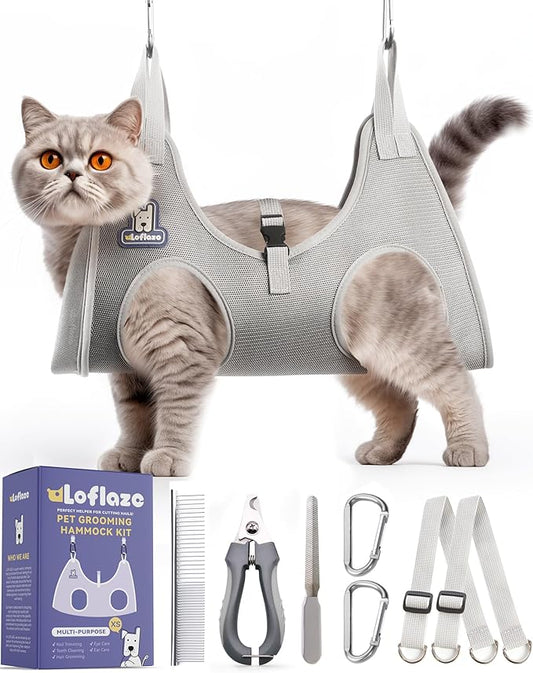 Dog Grooming Hammock Harness for Dogs & Cats with Pet Nail Clipper Trimmer - Cat Hanger Sling for Trimming Clipping Nails- Dog Hammock Restraint Bag for Small Medium Large pet ( Grey XS)
