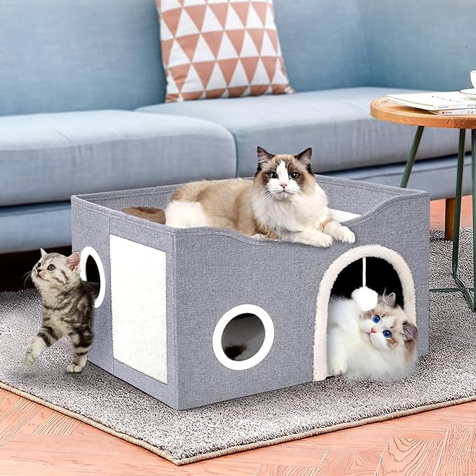 Heeyoo Cat House for Indoor Cats - Large Cat Bed Cave with Fluffy Ball and Scratch Pad, Foldable Cat Houses & Condos, Cat Hideaway, Covered Cat Bed for Multi Small Large Kitty, 23.8x15.9x13.2 Inches