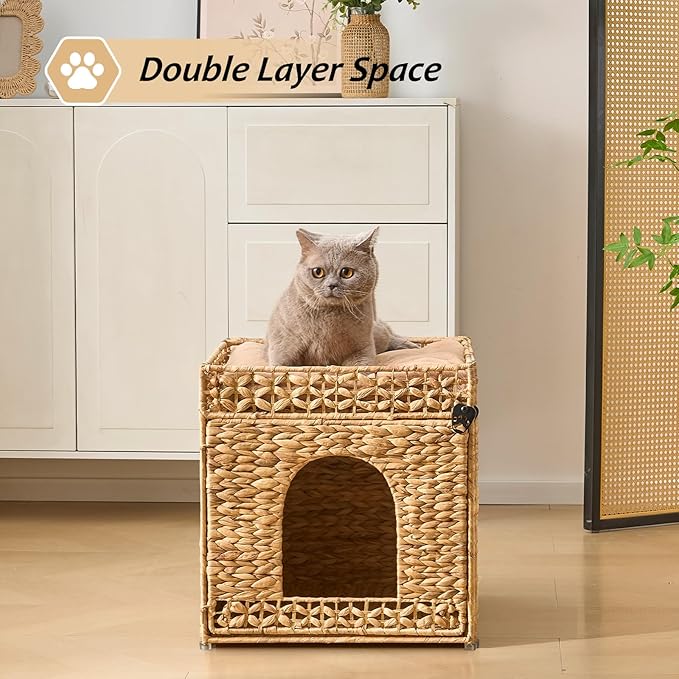 Cat House, Natural Cat Cave Pet Cube, Handwoven Cat Beds Indoor Cat Hideaway with Bed Mats, Double-Layer Design, for Multi Small Pet in Living Room Bedroom