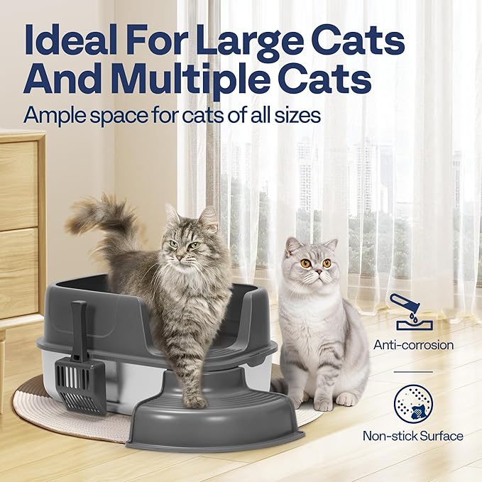 VIVOHOME XL Stainless Steel Cat Litter Box with Cover and Steps, 23'' x 17'' x 12'' Large Metal Litter Box for Cats with Scoop, Easy to Clean, Non-Slip, Ideal for Big or Multiple Cats, Dark Gray
