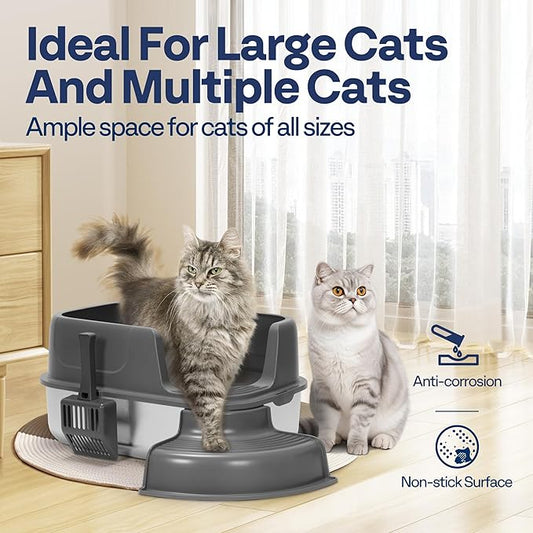 VIVOHOME XL Stainless Steel Cat Litter Box with Cover and Steps, 23'' x 17'' x 12'' Large Metal Litter Box for Cats with Scoop, Easy to Clean, Non-Slip, Ideal for Big or Multiple Cats, Dark Gray