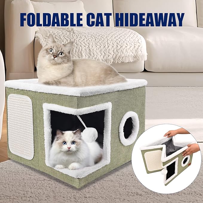 Cat Beds for Indoor Cats, Large Cat Cave Bed with Scratch Pad and Fluffy Ball, Foldable Cat Hideaway, Cat House with Reversible Cushion for Multi Small Pet Up to 30LBS, Green
