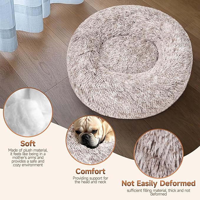Calming Dog & Cat Bed 2 Pack, 20'' Cat Beds for Indoor Cats, Donut Bed for Puppy and Kitten, Washable Round Fluffy Pet Bed for Small Medium Dogs and Cats (Brown&Grey)