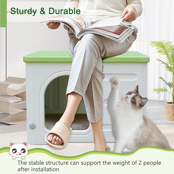 Plastic Cat House Outdoor & Indoor, Waterproof Feral Cat Houses with Escape Door, Sturdy Outdoor Cat House with Bed Mat, Outside Cat Shelter for Small Pet, Assemble and Clean Easily-Green