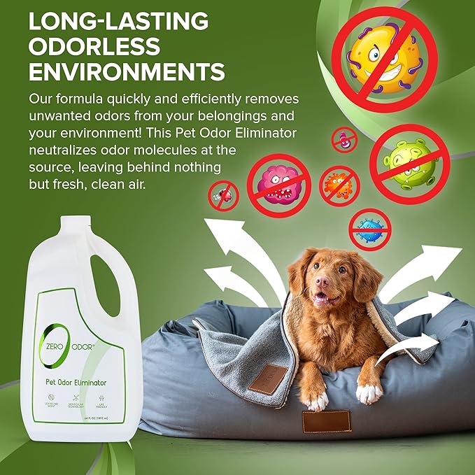 Zero Odor - Pet Odor Eliminator for strong odor, Eliminate Air & Surface Odors – Patented Molecular Technology Best For Carpet, Furniture, Beds Smell Great Again, 64oz Refill