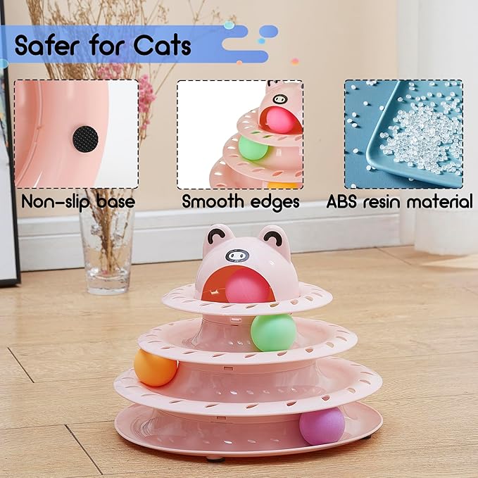 Gefryco 26PCS Cat Toys Roller 4-Level Turntable for Indoor Cats, Self Play Cat Toy Track with Colorful Balls Interactive Kitten Puzzle Toys, Fun Kitty Exercise Toys Set(Pink)