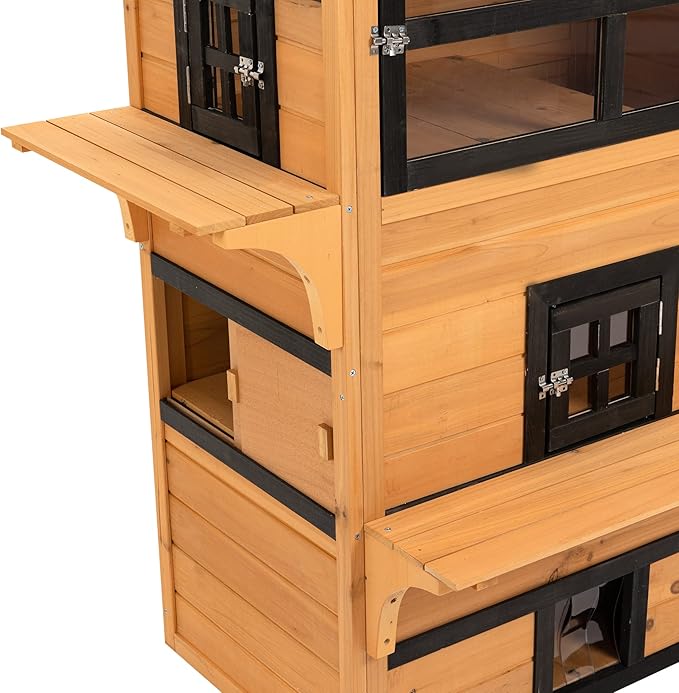 PawHut 3-Story Cat House Feral Cat Shelter, Outdoor Kitten Condo with Raised Floor, Asphalt Roof, Escape Doors, Jumping Platforms, Yellow