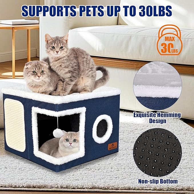 Cat Beds for Indoor Cats, Large Cat Cave Bed with Scratch Pad and Fluffy Ball, Foldable Cat Hideaway, Cat House with Reversible Cushion for Multi Small Pet Up to 30LBS, Blue