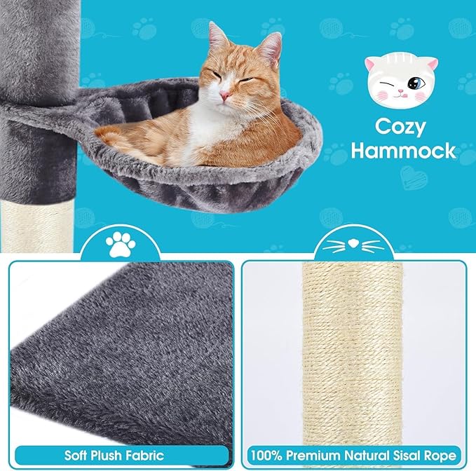 Cat Tree 5-Tier Floor to Ceiling, 89-109 Inch Adjustable Height Cat Tower with Cozy Hammock, Cat Climbing Tree for Indoor Cats, Darkgrey