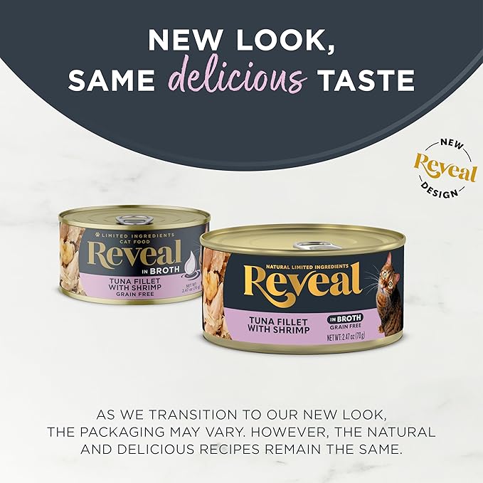 Reveal Natural Wet Cat Food, 24 Count, Grain Free, Limited Ingredient Canned Food for Cats, Tuna Fillet with Shrimp in Broth, 2.47 oz Cans